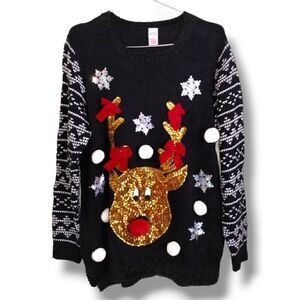 Holiday Time Womens Sweater Sz 14‎ Black Gold Sparkle Reindeer Christmas Holiday
